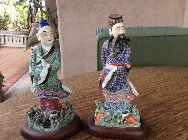 pair Chinese polychrome enameled porcelain figures of Immortals, Republic