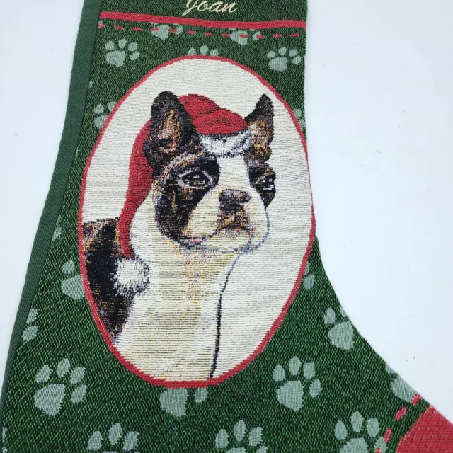 Boston Terrier Dog Christmas Woven Tapestry Stocking Linda Picken Art Vtg Joan