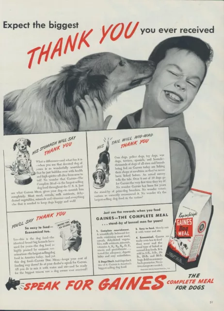1944 Gaines Dog Food Collie Licking Boy Dalmatian Beagle Vintage Print Ad L6