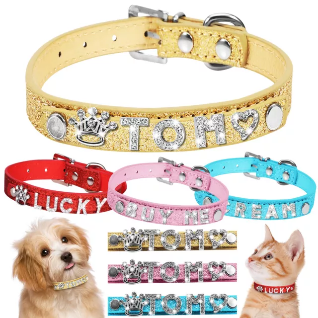 Leather Rhinestone Diamante Dog Collar Name Tags Pet Cat Puppy Soft Bling Collar
