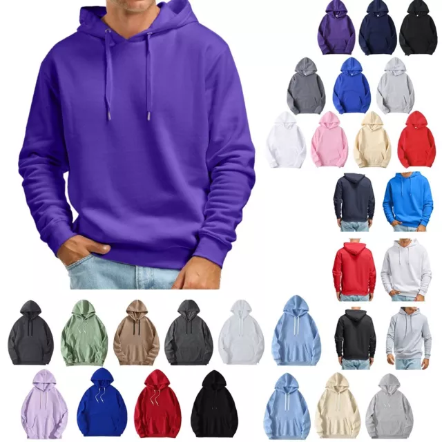 Mens Casual Long Sleeve Hoodie Tops Plain Solid Color Hooded Sweatshirt Pullover