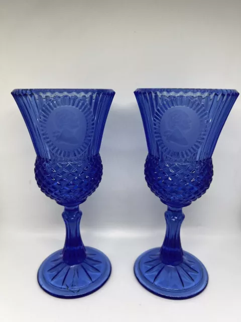 Avon Fostoria Collab Vtg Set Of 2 Cobalt Glass Goblets George Washington Gift