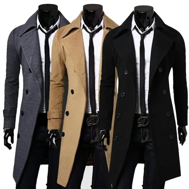 Men Winter Trench Coat Double Breasted Long Jacket Outwear Overcoat Shirts Tops
