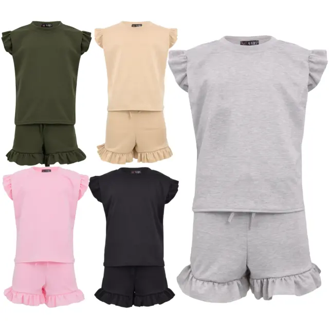 Kids Girls Flared Cap Sleeves Crop Top Plain Color T Shirt Top & Hot Shorts Set