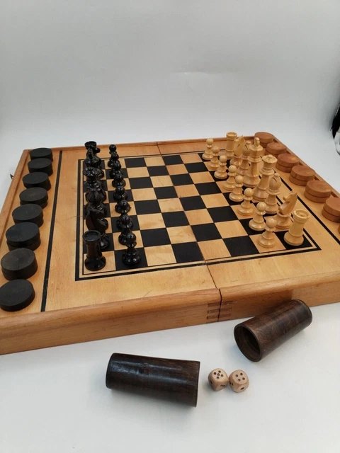 Jeu D'Échecs Grand Ensemble Perse - Échiquier Backgammon & Jeu De Dames En Similicuir Et Pieces En Laiton Massif