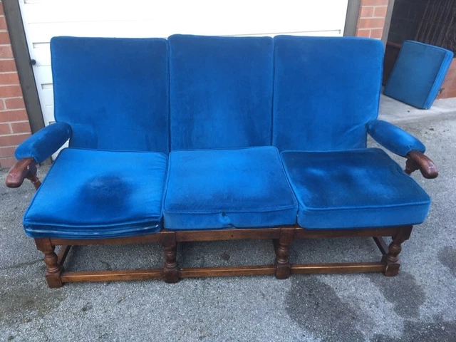 Vintage Retro Mid Century 3 Seater Sofa Settee in Blue Velvet Velour - Antique