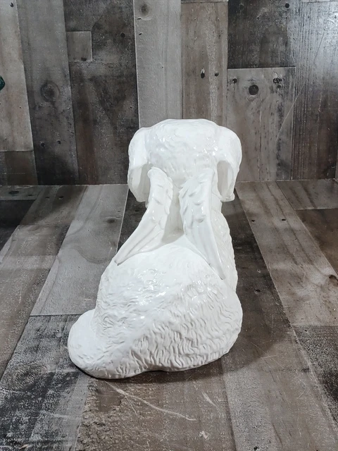 LARGE 15×9x8 LAYING PUPPY DOG GUARDIAN ANGEL STATUE SCULPTURE WHITE CERAMIC 11