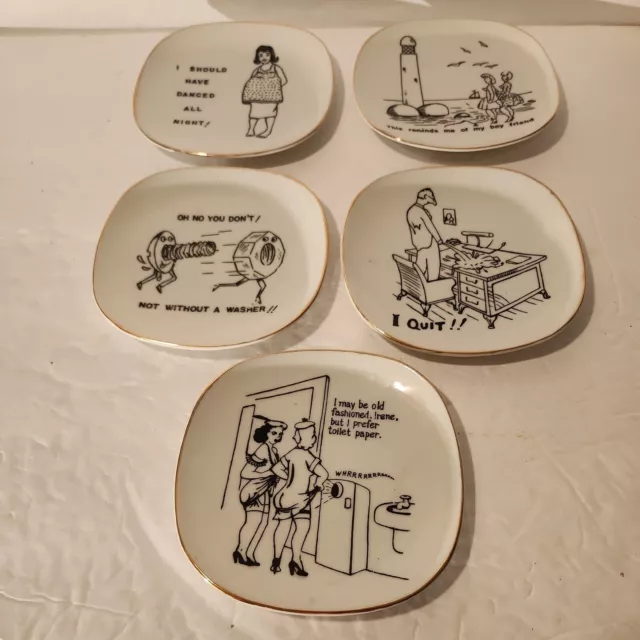 Set 5 Vintage 1940'S Comical Adult Themed Risque 5"×5" Plate Excellent Lqqk