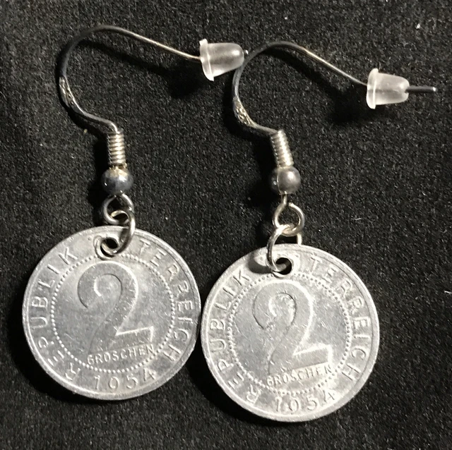 1954 Austria 2 Groschen coin earring Austrian eagle Vienna Osterreich.