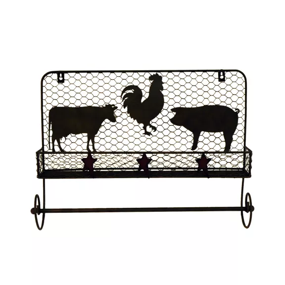 New Country Farmhouse Cow Pig Rooster Black Wire Shelf Towel Holder Spice Rack