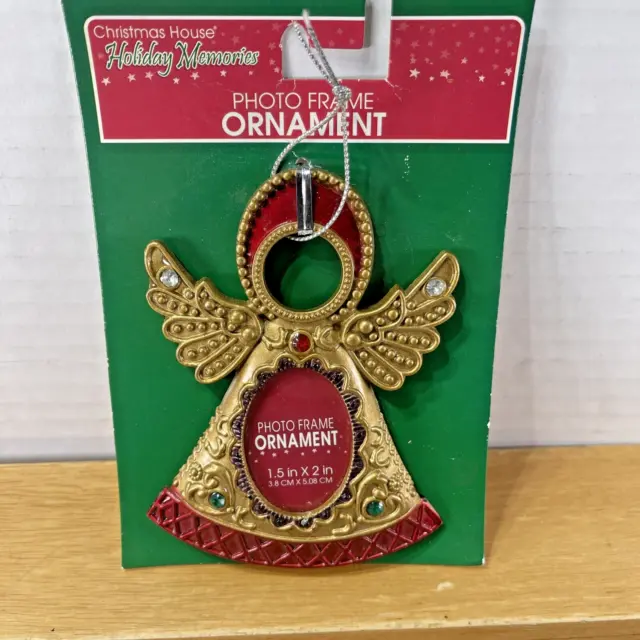VTG NEW OLD STOCK  Christmas Photo Frame Ornament Gold Red Trim Gems Holly 4”