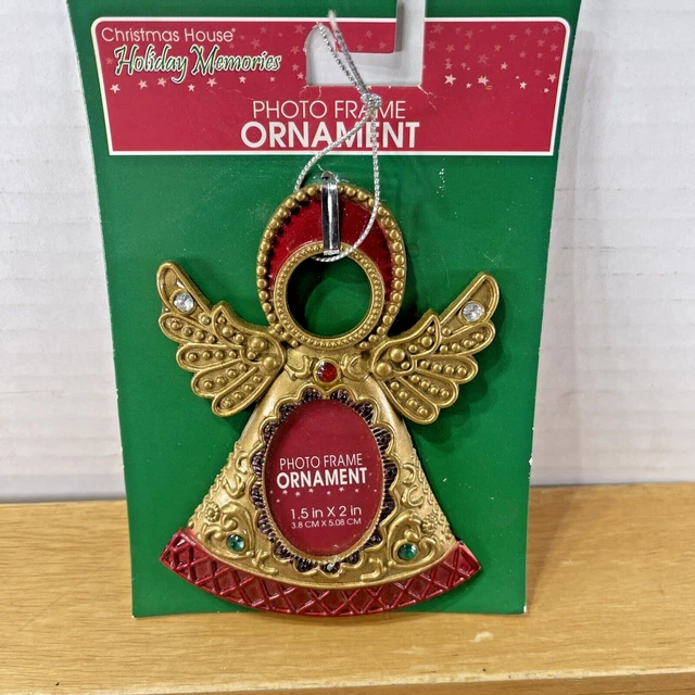 VTG NEW OLD STOCK  Christmas Photo Frame Ornament Gold Red Trim Gems Holly 4”