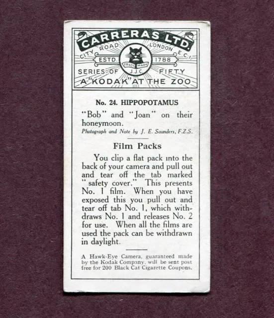 1924 Carreras Ltd. Cigarettes A "Kodak" At The Zoo Tobacco Card #24 Hippopatamus 2