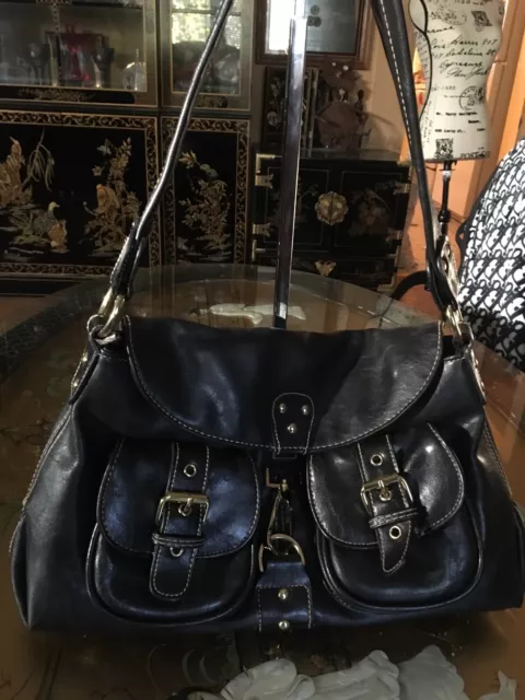 Barneys New York Black Vegan Leather Flap Over Shoulder Bag ~ Nice