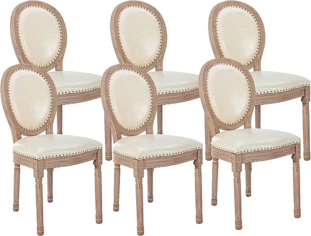 Dining Chairs Set of 6 French Vintage, Mid Century Upholstered Farmhouse PU Leat