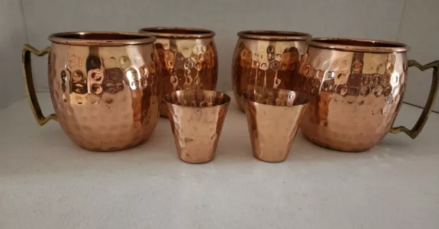 4 "COPPER BAR" Moscow Mule 18 oz "hammered" set & 2 Copper shot glasses Mugs Cup