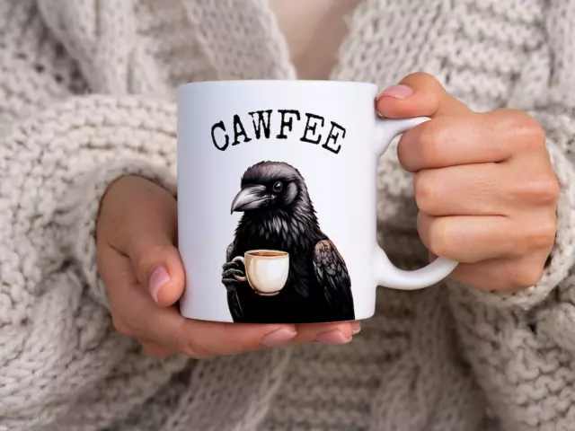 Cawfee Mug, Adorable Crow Drinking Coffee Mug