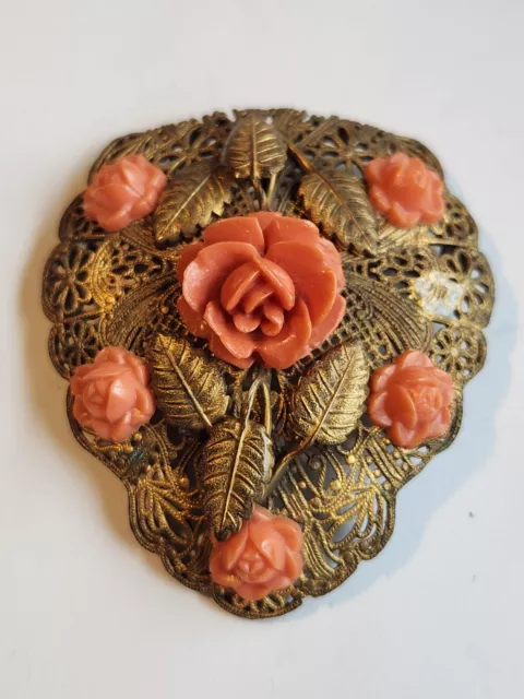 Vintage Filigree Brooch With Carved  Celluloid Roses, Detailed Leaves, Feminine