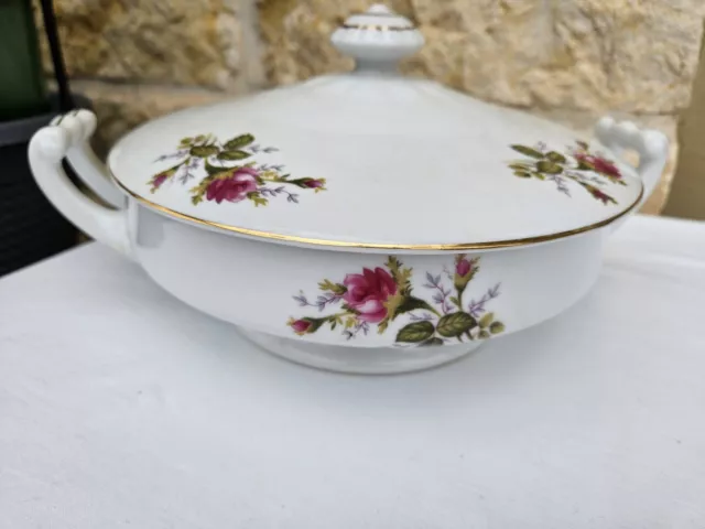 Thames China Japan Moss Rose Serving Bowl Covered Round Double Handled Gold Trim