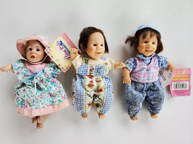 3 Gi-Go Toys My Palm Pals Expressive Funny Faces Happy Kids 8" Dolls Creepy