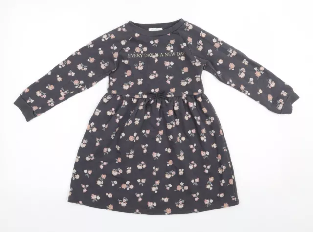 Primark Girls Grey Floral Cotton Skater Dress Size 5-6 Years Round Neck Pullover