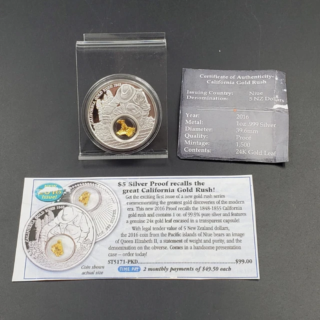 2016 NIUE $5 1 OZ .999 SILVER California Gold Rush with 24K GOLD LEAF #2
