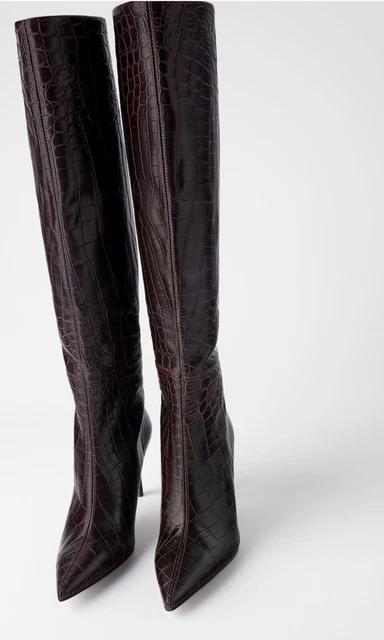 BOTTES EN CUIR Talon Aiguille Zara Burgundy Croc Imprim Animal