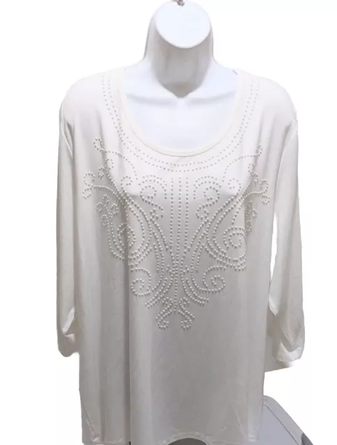 Laura Ashley Long Sleeve Top Womens 3X Pearl Beaded White Blouse Polyester Blend