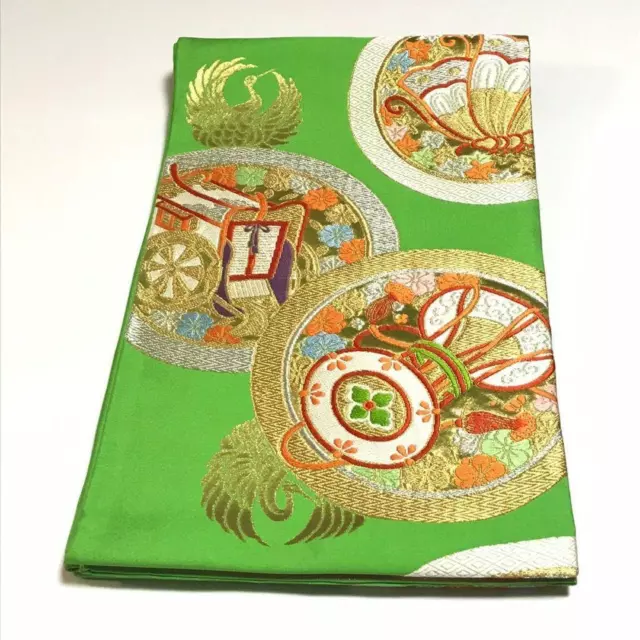 8619# Japanese Vintage Fukuro Obi Belt Kimono Pure Silk Butterfly Drum Green
