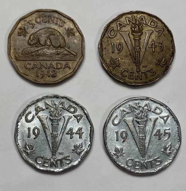 1942, 1943 Tombac, 1944, 1945 Victory Steel, Canada 5 cents lot