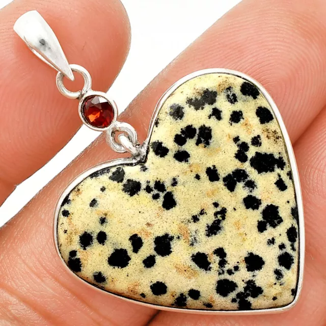 Heart - Natural Dalmatian & Garnet 925 Sterling Silver Pendant Jewelry P-1098