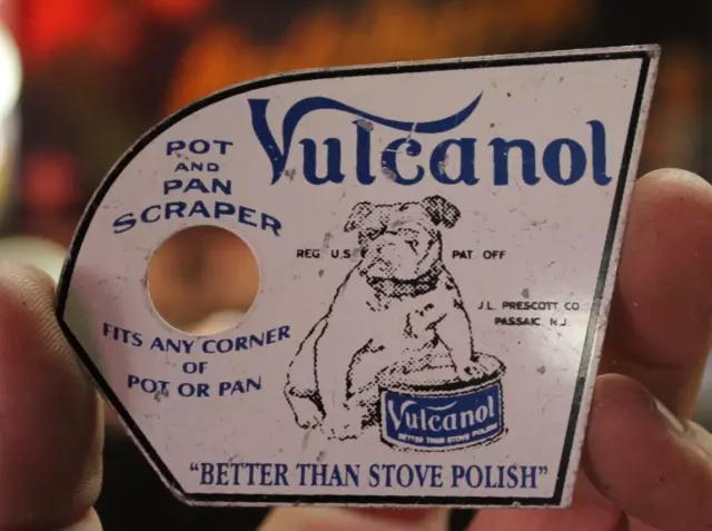 Rare 1930 Vulcanol Polish Metal Litho Pot Scraper Store Promo Sign Bulldog Dog