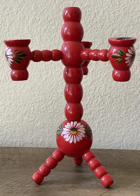 Sweden Scandanavian Red Wood Ball Handpainted Floral Candle Holder Mid Century