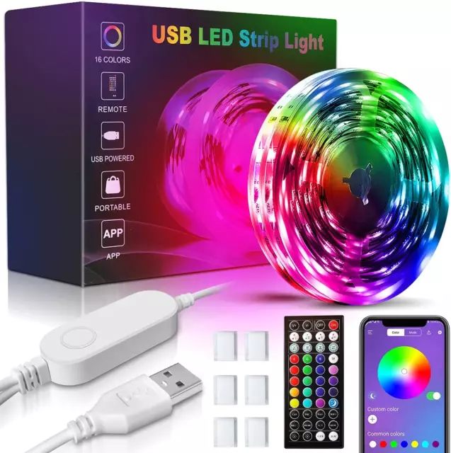 USB LED Light Strip with Remote,10M/32.8Ft RGB Bluetooth Built-In Mic Music Mode