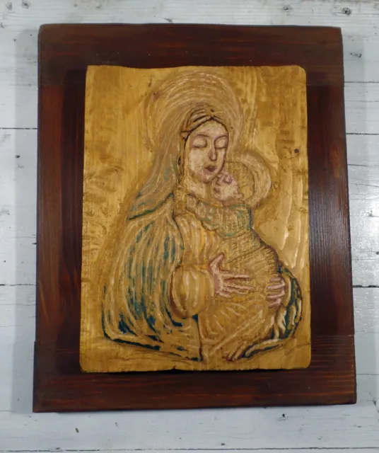 Icone Icona Madonna con Bambino su Legno Arte Sacra Quadro Olio Scolpito