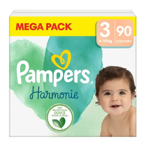 Mega Pack 90 Couches PAMPERS HARMONIE New Baby Taille 3 (6 à 10 KG) Changes Bébé