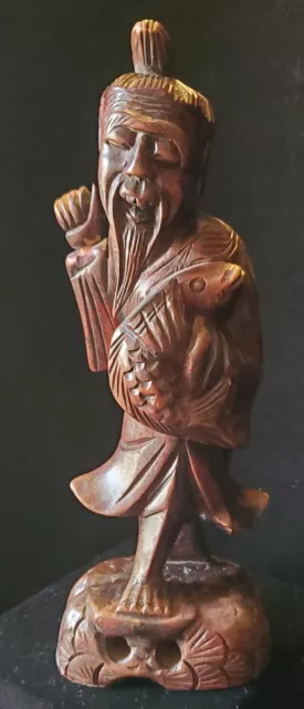 Rare Vintage Finely Detailed Chinese Statue Hand Carved Red Wood Man With Fish.