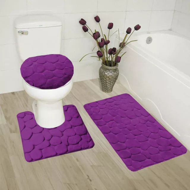 New 3Pc Set Bath Mat Rugs Lid Cover Super Soft Memory Foam Cushion Comfort Rock