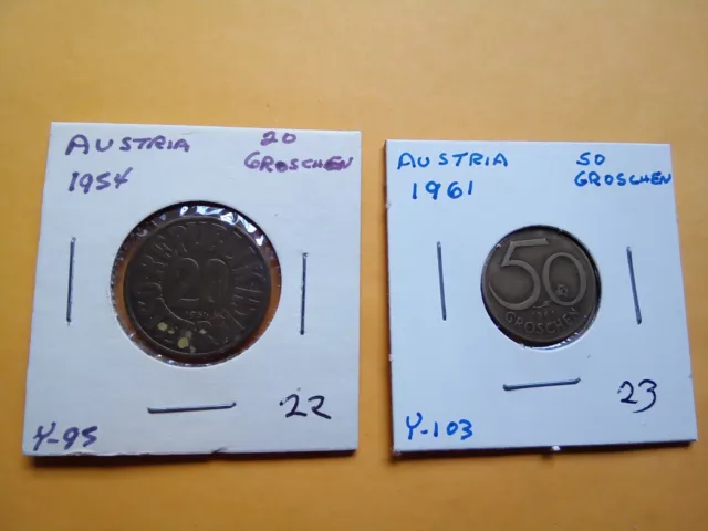 2 COINS  AUSTRIA 1954 20 Groschen, 1961,  50 Groschen    Nice  Circulated