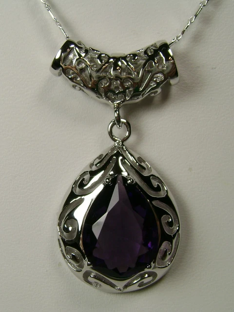 Amethyst Pendant, Tear Drop Gem Sterling Silver Filigree Necklace P28 2