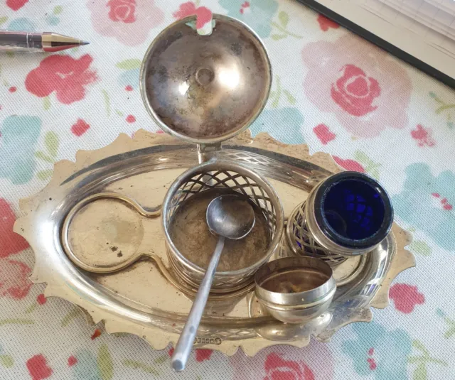 Condiment Set Vintage, Silver Plate, Tray, Salt Pot With Blue Glass, Mustard Pot