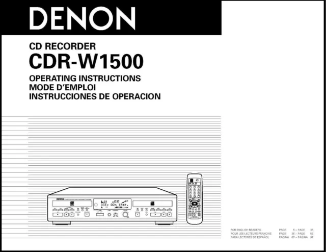 Denon CDR-W1500 CD Recorder Owner's Manual - 32lb paper & heavyweight covers