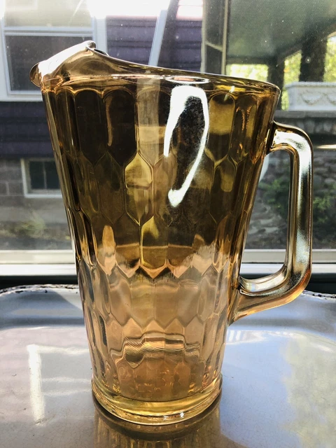 Jeannette Hex Optic Honeycomb Pitcher Marigold Depression Glass 64 OZ Vintage