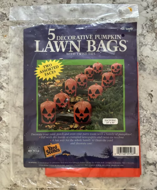 Fun World Halloween Pumpkin Lawn Leaf Bags/Ties 10 Pc Set NOS NIP Sealed USA