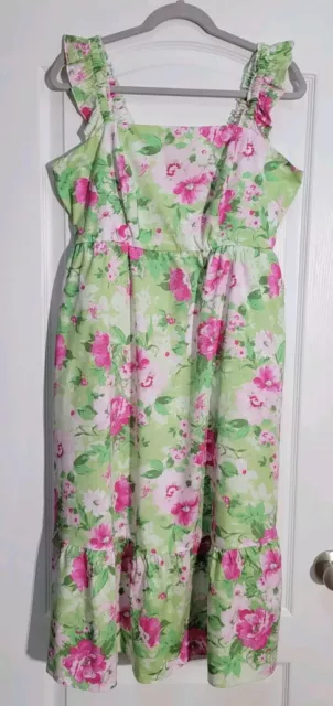 Torrid Midi Dress Size 00 Women's Medium Pink Green Floral Poplin Tiered Ruffle