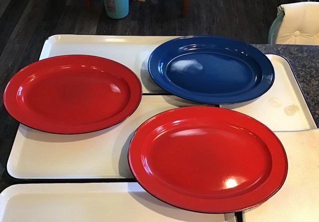 Vintage Porcelain Enamel Ware Serving Trays Primitive Farmhouse Red Blue 17.5”