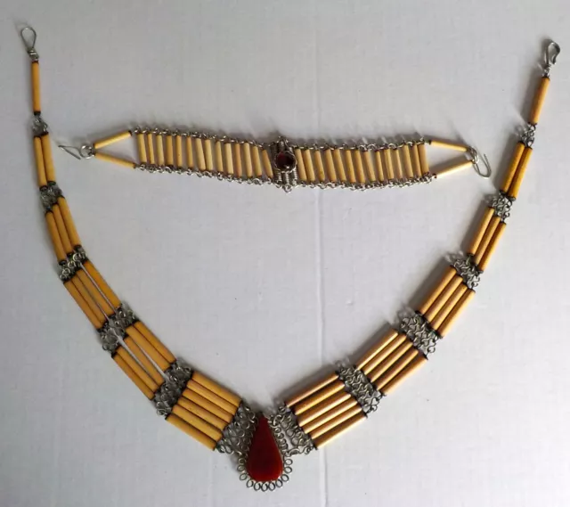 Collier & bracelet de style Hippie bohème en bambou avec agate