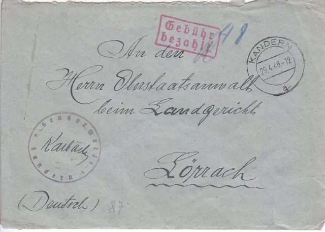 F.Zone - KANDERN - Gebühr bezahlt - Brief - 1946