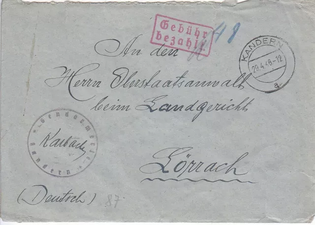F.Zone - KANDERN - Gebühr bezahlt - Brief - 1946