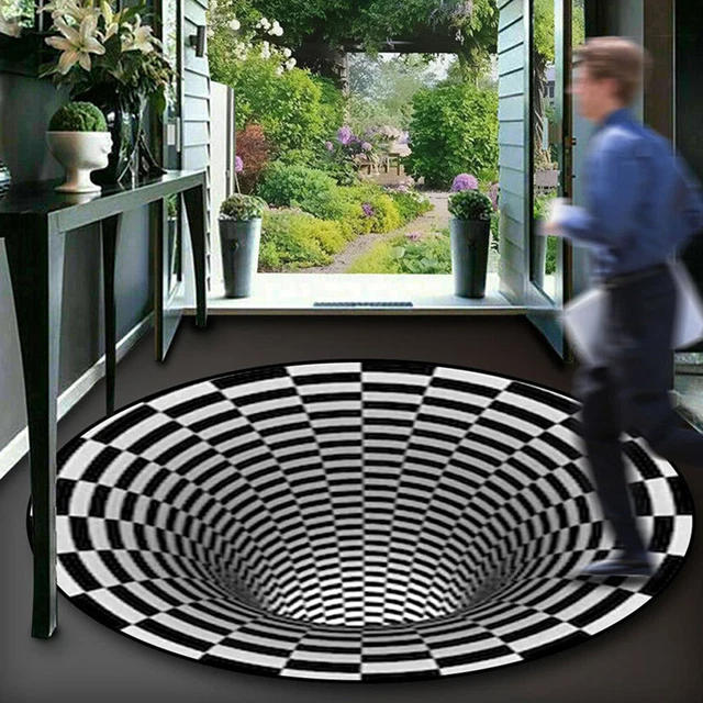 High Density Black White Doormat Non Slip Area Rug Washable 3D Visual Illusion